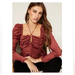 Ulla Johnson Mirelle Ruched Tie Neck Long Sleeve Blouse in Desert Rose size 8